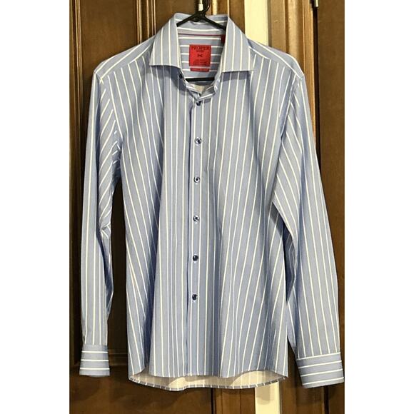 Proper Sport Men’s 4 Way Stretch Slim Fit Medium Blue/White Striped Dress Shirt - Picture 2 of 8